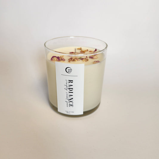 Radiance - 8oz White Soy Candle in Glass Jar with Rose Petal Filler