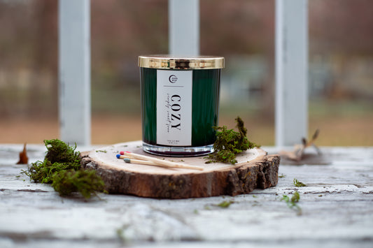 Cozy- 8 oz White Soy Candle in Green Jar